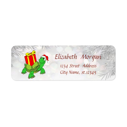 Kerstboomtakken, schildpadden, kerstmuts, cadeau etiket (Voorkant)