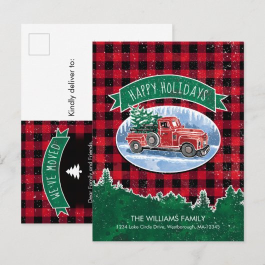  kerstboomvakantie met rode vrachtwagen aankondigingskaart (Voorkant / Achterkant)
