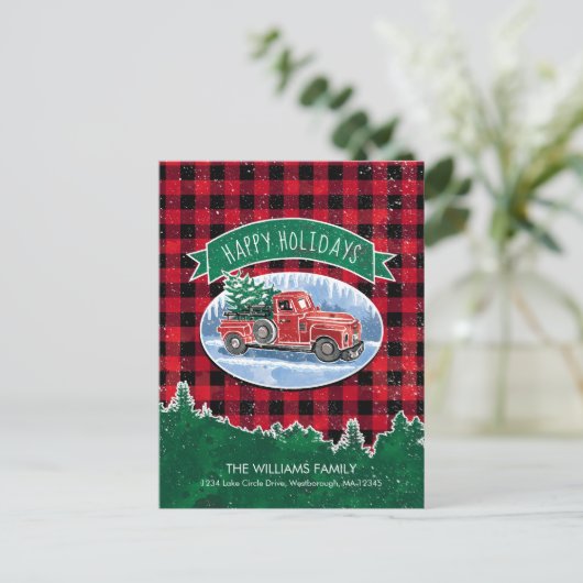  kerstboomvakantie met rode vrachtwagen aankondigingskaart (Staand voorkant)