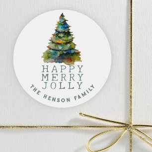 kerstboomvakantie met Waterverf artistieke feestda Ronde Sticker