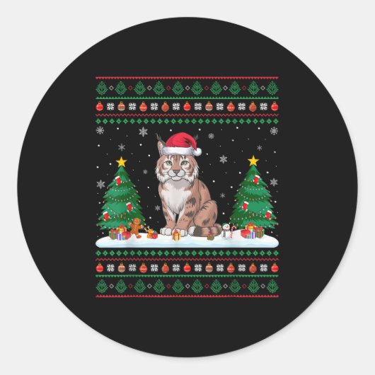 Kerstboomverlichting Bobcat Santa Ugly Xmas Sweat Ronde Sticker (Voorkant)