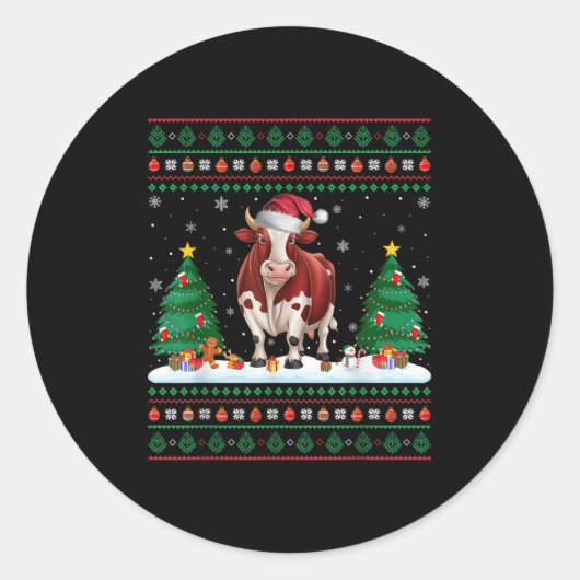 Kerstboomverlichting Koe Santa Ugly Xmas Sweater Ronde Sticker (Voorkant)