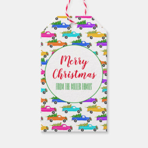 kerstboomwagens met kerstbomen met wierp cadeaulabel