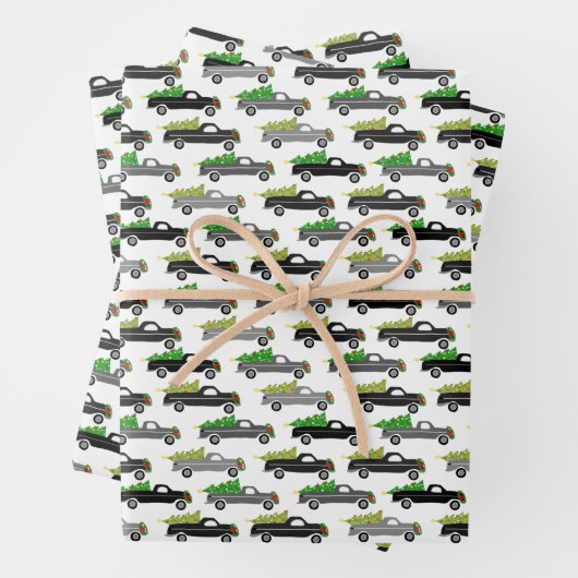 kerstboomwagens met Xmas Trees Grayscale Inpakpapier Vel (In situ)