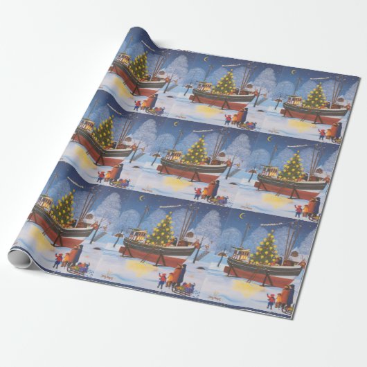 Kerstboot in sneeuw cadeaupapier (Uitgerold)