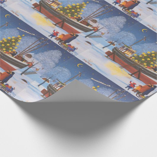 Kerstboot in sneeuw cadeaupapier (Hoek)