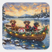 Kerstboot met Dachshund Kerstvakantie Vierkante Sticker (Voorkant)
