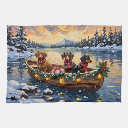 Kerstboot met Dachshund-vakantie Theedoek (Horizontaal)