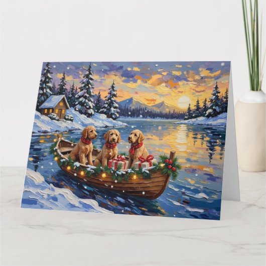 Kerstboot met Goldendoodle Vakantie Kaart (Voorkant)