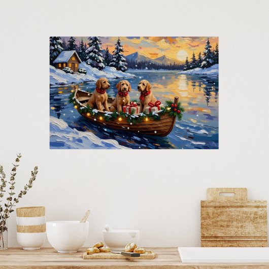 Kerstboot met Goldendoodle Vakantie Poster (Keuken)