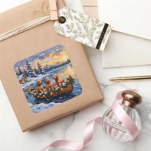 Kerstboot met Goldendoodle Vakantie Vierkante Sticker (Geschenken)