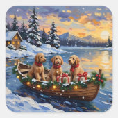 Kerstboot met Goldendoodle Vakantie Vierkante Sticker (Voorkant)