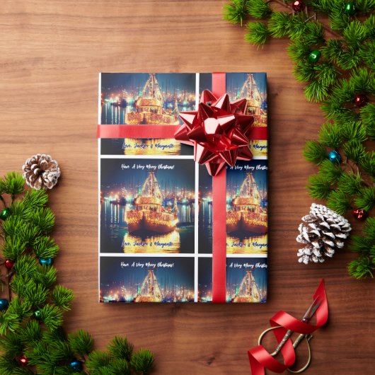 Kerstboot met gouden lichten cadeaupapier (Feestdagen Geschenken)