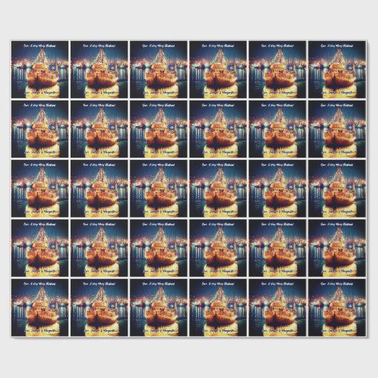 Kerstboot met gouden lichten cadeaupapier (Vlak)