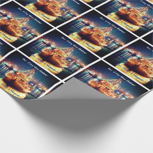 Kerstboot met gouden lichten cadeaupapier (Hoek)