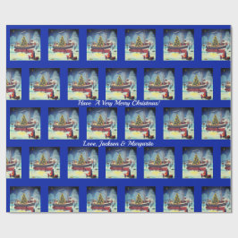 Kerstboot met licht en sneeuw cadeaupapier