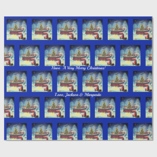 Kerstboot met licht en sneeuw cadeaupapier