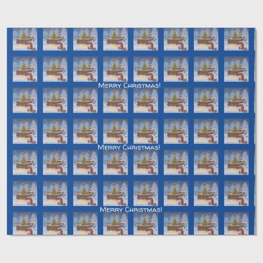 Kerstboot op sneeuw  cadeaupapier (Vlak)