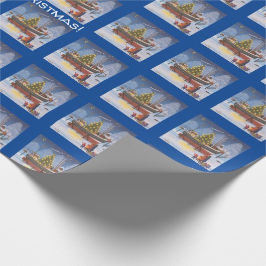 Kerstboot op sneeuw  cadeaupapier (Hoek)