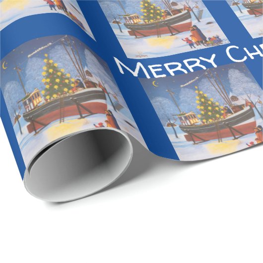 Kerstboot op sneeuw  cadeaupapier (Rol Hoek)