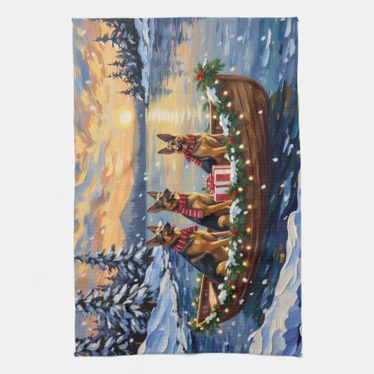 Kerstboot vakantie Duitse herder Theedoek (Verticaal)