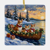 Kerstboot Vakantie voor Corgi Keramisch Ornament (Voorkant)