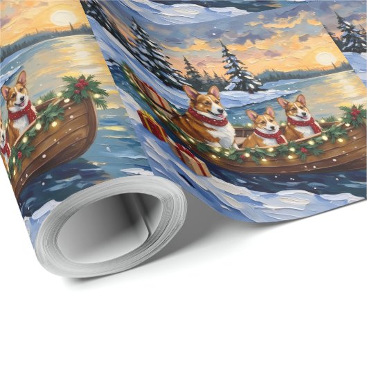 Kerstboot Vakantie voor Corgi's Cadeaupapier (Rol Hoek)