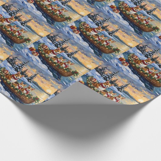 Kerstboot Vakantie voor Corgi's Cadeaupapier (Hoek)