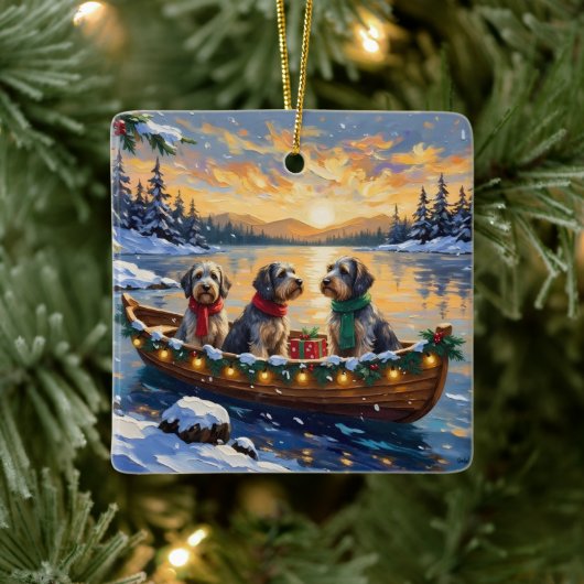 Kerstboot Vakantie Wirehaired Pointing Griffon Keramisch Ornament (Boom)