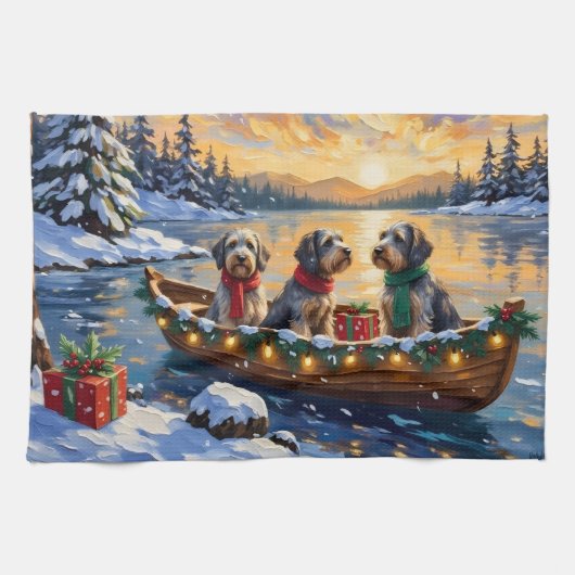Kerstboot Vakantie Wirehaired Pointing Griffon Theedoek (Horizontaal)
