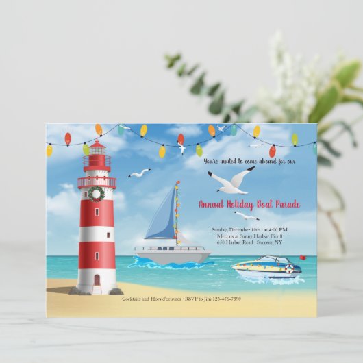 Kerstbootparade met uitnodiging voor de vuurtoren (Staand voorkant)