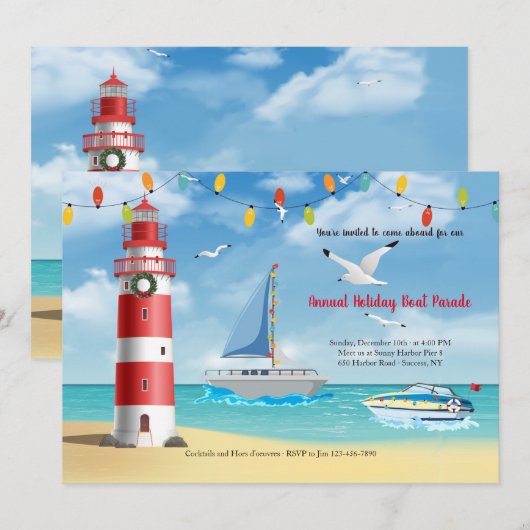 Kerstbootparade met uitnodiging voor de vuurtoren (Voorkant / Achterkant)