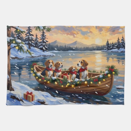 Kerstbootvakantie voor Beagles Theedoek (Horizontaal)