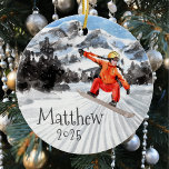 kerstbord Snowboarding persoonlijke Keramisch Ornament<br><div class="desc">Dit ontwerp kan op het gebied worden gepersonaliseerd dat door de foto en/of tekst te veranderen wordt verstrekt. Of het kan worden aangepast door te klikken deze Sjabloon personaliseert en dan de klik te kiezen om verdere optie aan te passen en de kleur van de achtergrond te schrappen of te...</div>