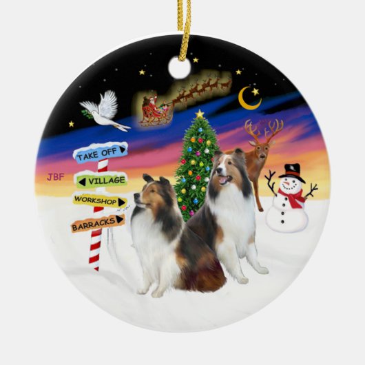 Kerstborden - Twee Shetland Sheepdogs (D-L) Keramisch Ornament (Voorkant)
