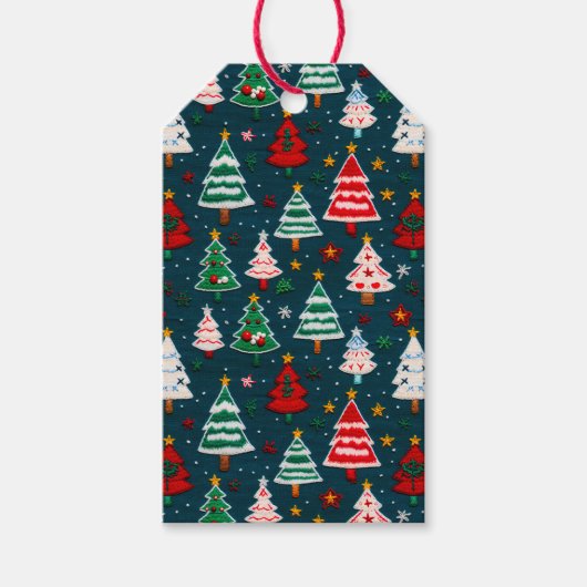 Kerstborduurwerk Bomen Feestelijke Feestdagen Cadeaulabel (Voorkant)