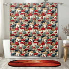 Kerstborduurwerk Winterdorp Douchegordijn