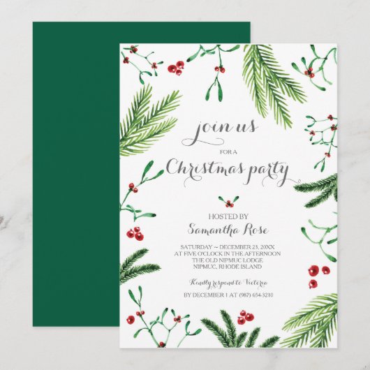 Kerstborrel Uitnodiging - Groene decoratie (Voorkant / Achterkant)