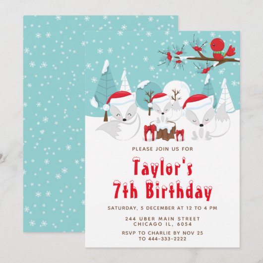 Kerstbos Arctic Fox Birthday Party Kaart (Voorkant / Achterkant)