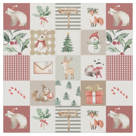 Kerstbos bosdieren quilt neutraal stof (Close Up)