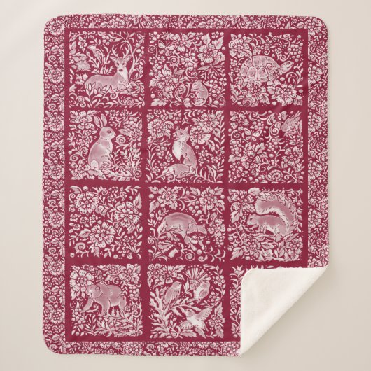 Kerstbos Dierlijk Burgundy Deer Fox Rabbit Sherpa Deken (Voorkant)