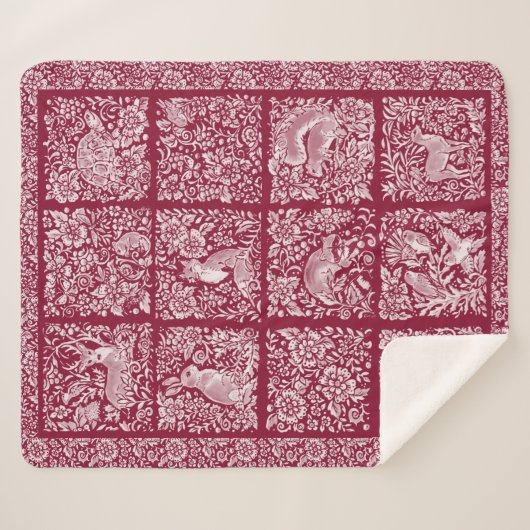 Kerstbos Dierlijk Burgundy Deer Fox Rabbit Sherpa Deken (Voorkant (horizontaal))