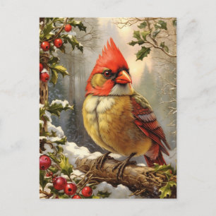 Kerstbos met Holly Berry, Vogel, Winter Feestdagenkaart