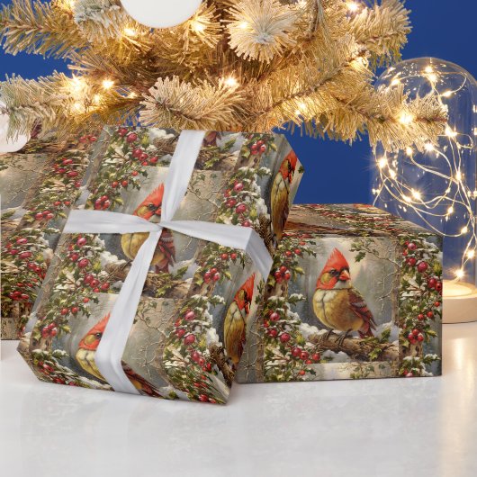 Kerstbos met hulstbes, vogel, winter cadeaupapier (Feestdagen)