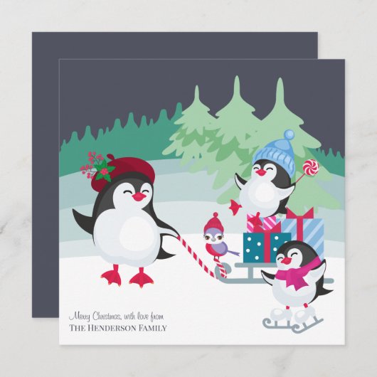 Kerstbos Sneeuwscène met Schattigee Pinguïns Feestdagenkaart (Voorkant / Achterkant)