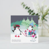 Kerstbos Sneeuwscène met Schattigee Pinguïns Feestdagenkaart (Staand voorkant)