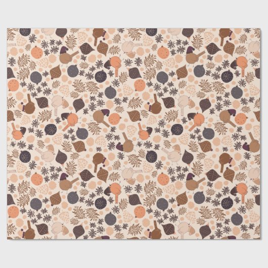 Kerstbos, versieringen op lichtbruin cadeaupapier (Vlak)