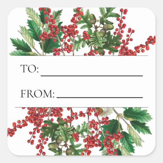 kerstbosbessen met feestbessen op de Evergreen Vierkante Sticker (Voorkant)