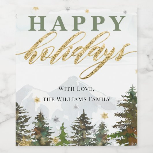 Kerstbosgebergte Prettige feestdagen Wijn Etiket (Enkel label)