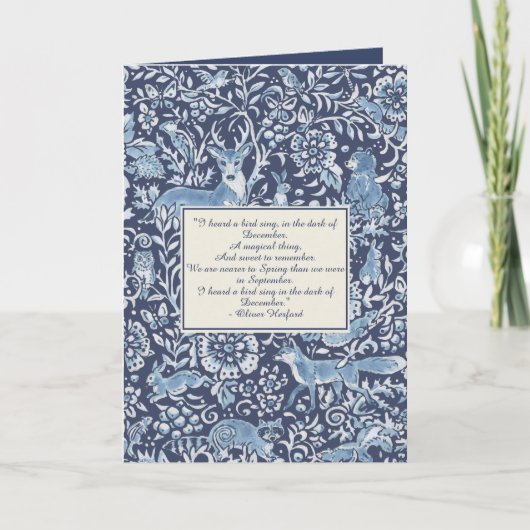 Kerstbossen dieren blauw wintergedicht feestdagen kaart (Voorkant)